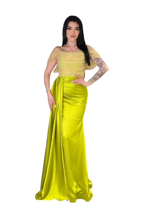 Rochie de ocazie lunga, din satin, verde fistic, S