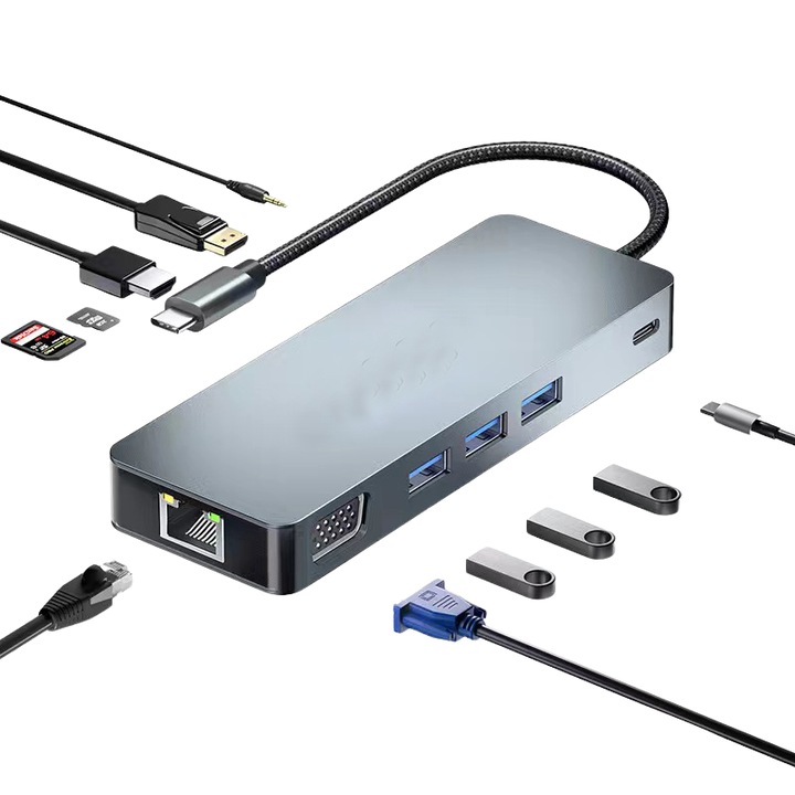 USB хъб MAROVIO® 11 в 1, 1 x USB Type-C (вход) / 1 x US Type-C PD 100W / DP 4K@60Hz /1 x HDMI 4K@60Hz / 1 x SD карта / 1 x TF карта / 1 x 3,5 mm жак / 3 x USB 3.2 / 1 x VGA 1080P@60Hz / 1 x RJ45 10/100/1000 Mbps