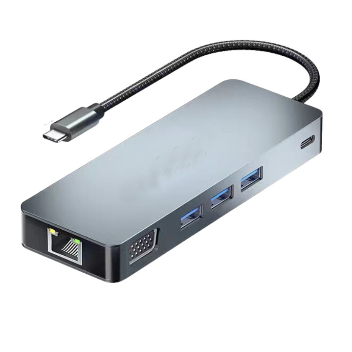 Hub USB 11 in 1 MAROVIO®, 1 x USB Type-C (intrare) / 1 x US Type-C PD 100W / DP 4K@60Hz /1 x HDMI 4K@60Hz / 1 x card SD / 1 x card TF / 1 x mufa 3, 5 mm / 3 x USB 3.2/ 1 x VGA 1080P@60Hz / 1 x RJ45 10/100/1000 Mbps