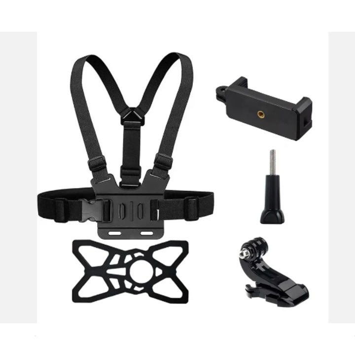 Suport pentru telefon si GoPro cu maini libere HYVESTO®, universal, cu accesorii si bretele usor reglabile, set 5 in 1, ajustabil, negru