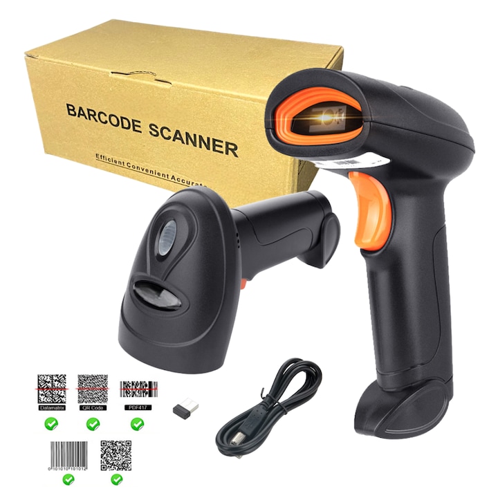 Cititor Coduri de Bare Profesional KALEPO©, Scanner 1D si 2D, Bluetooth, USB Wireless si Cablu, Memorie Interna, Functii Multiple, Rapid, Eficient, Usor de Folosit, Autonomie Mare, Magazin, Supermarket, Depozit
