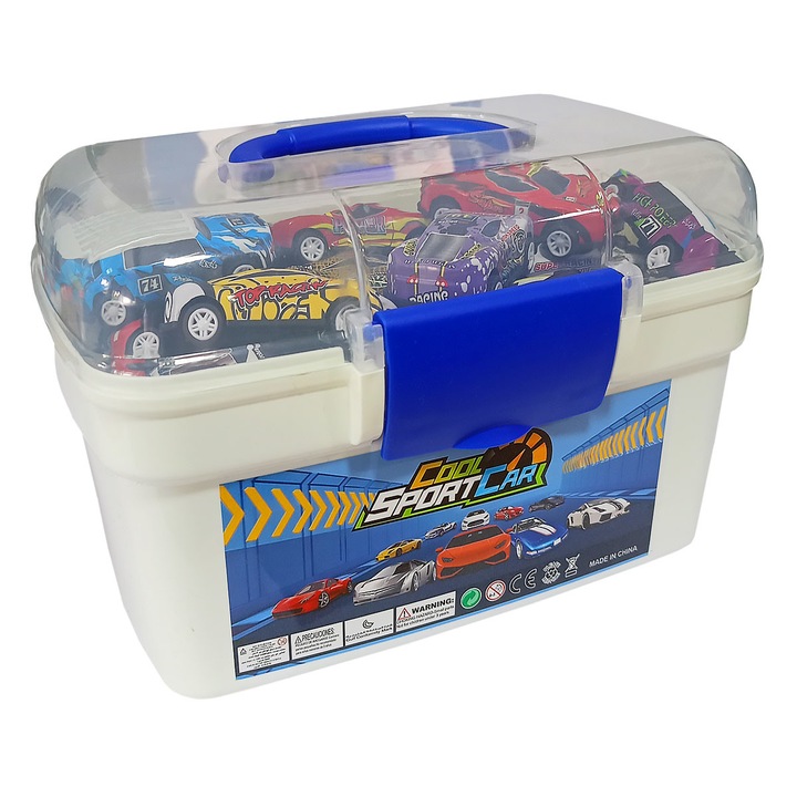 Nagy játékautó készlet, fém, 49 elem + tok, térkép