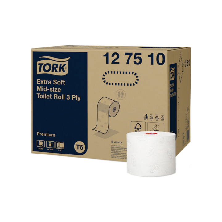 Toalettpapír 3 rétegű duplatekercses átmérő: 13, 2 cm 70 m/tek 27 tekercs/karton Premium Mid-size T6 Tork_127510 fehér