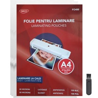 Pachet Folie laminare A4, 80 microni, 100 folii/set, DACO + Perie antistatica FLR