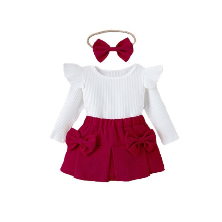 Compleu SuperBaby, Cu Bluzita, Fustita Si Bentita, Casual, Fete, Maneca lunga, Alb/Visiniu