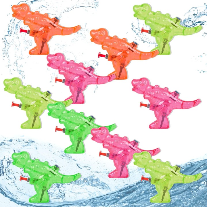 Set 10 Pistoale de Apa Mini pentru Copii, Dinozaury, Transparent, Distanta Lunga
