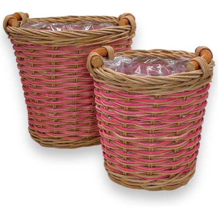 2 db rattan edény készlet, barna/rózsaszín, időjárásálló, 16,5/13 cm
