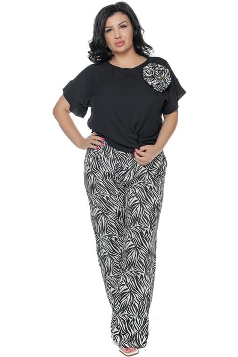 Комплект "Siona" с дълъг панталон и блуза с къс ръкав с апликирана роза, Черен/Бял / Черен