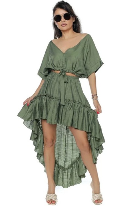 Комплект "Палома" от асиметрична пола с волан и топ с къс ръкав и V-образно деколте, Каки