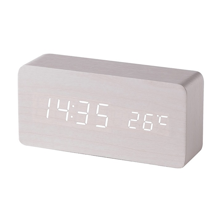 Ceas desteptator digital din lemn cu 3 setari de alarma si 3 niveluri de luminozitate, afisaj electronic LED pentru ora, stil 3