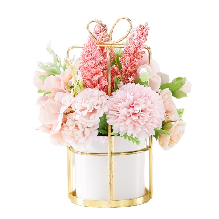 Аранжировка от изкуствени цветя във ваза QttvbTna, хортензии и хризантеми, розови, 22x15см