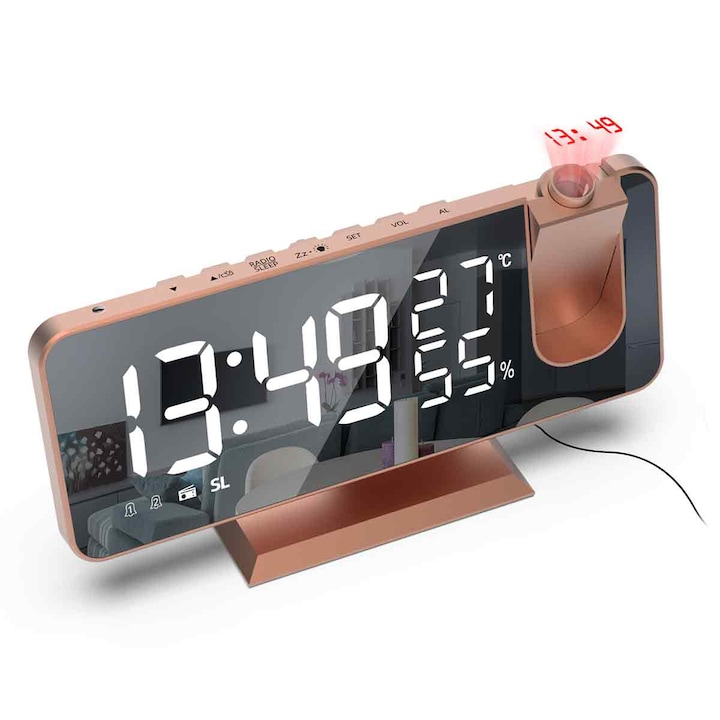 Projektoros ébresztőóra, modern, arany, 185x45x91mm, FM rádióval, két ébresztővel, LED kijelzővel