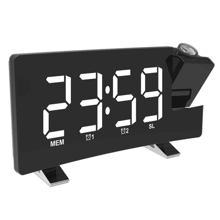 Радио с будилник и прожекция, QttvbTna, регулируема яркост, черно, 18x4.6x9.5cm