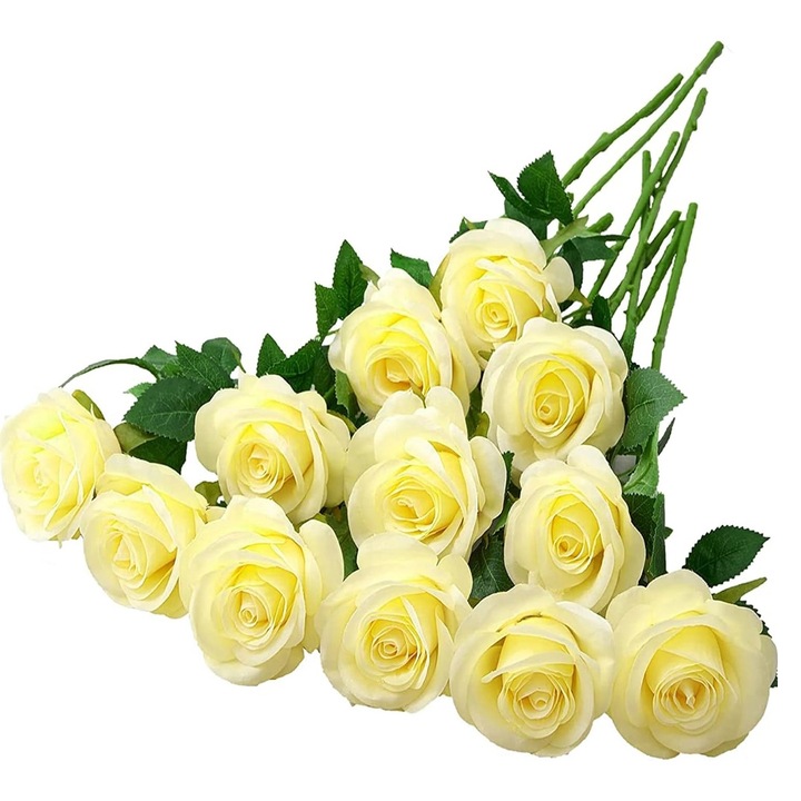 Set 12 flori artificiale QttvbTna, trandafiri din matase, galben, 52x10cm