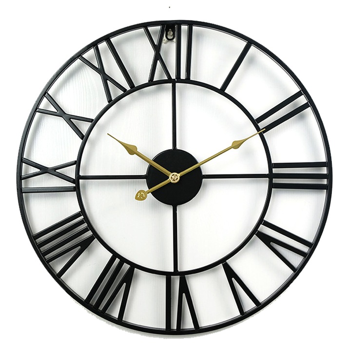 Ceas de perete mare, in stil vintage, negru, rotund, fara ticait