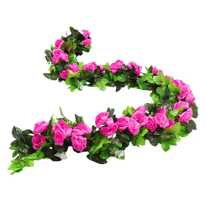 Комплект от 4 броя гирлянди от изкуствени цветя, лоза и роза, платно, зелено/розово, 230см