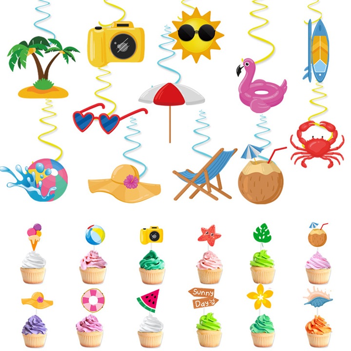 Set decoratiuni petrecere de vara, tematica Ocean Beach, 24 piese, multicolor