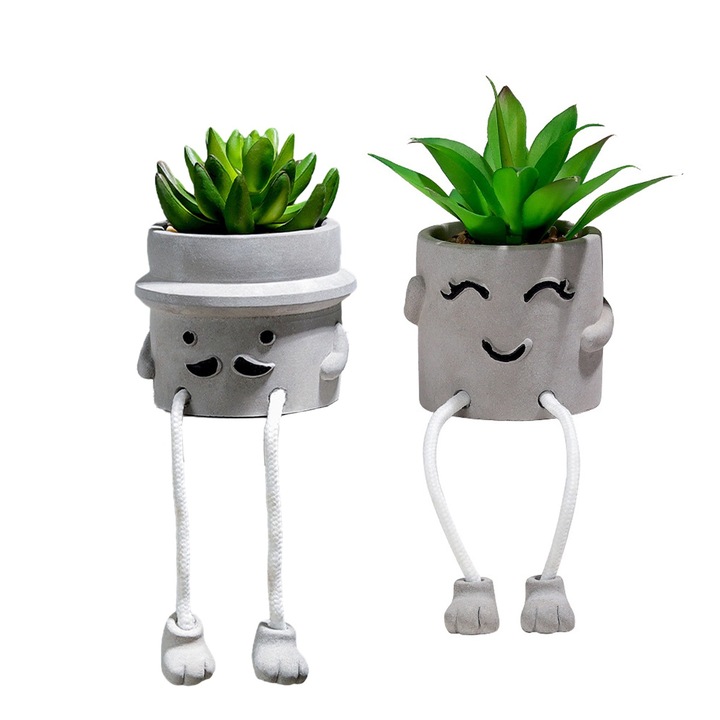 Set plante suculente artificiale, 2 ghivece, verde, 23x9cm