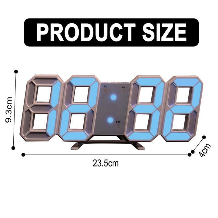 Ceas digital cu LED, alb/bleu/roz/verde/orange, 235x93x18mm, cu afisaj temperatura, alimentare USB