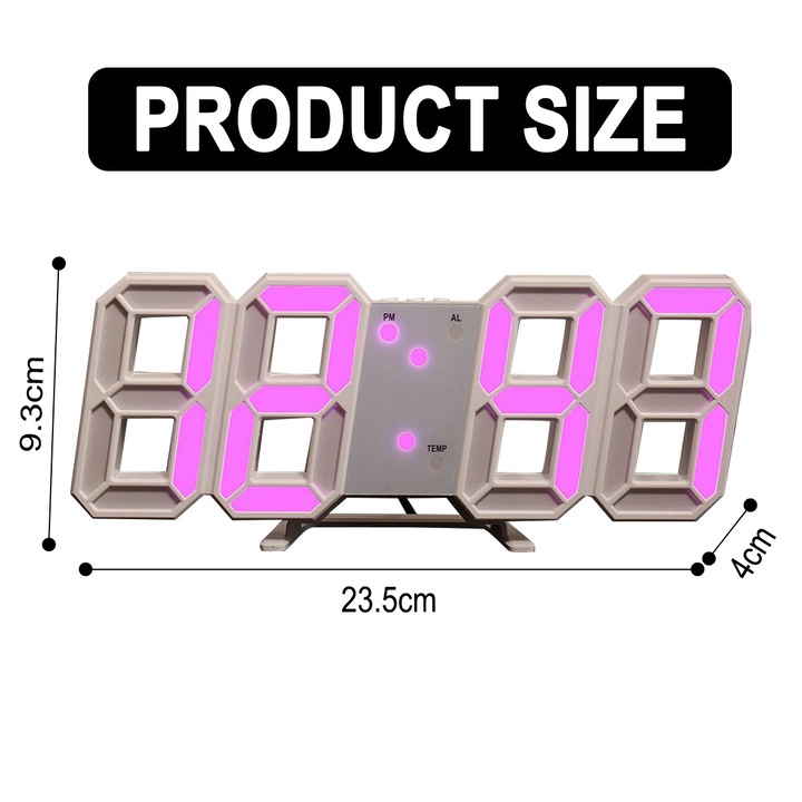 Ceas digital cu alarma, 3D, functie de temperatura, roz, 235x93x18mm