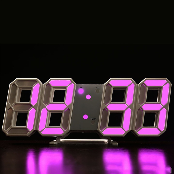 Ceas digital LED 3D multifunctional, alb, 23.5x9.3x1.8cm