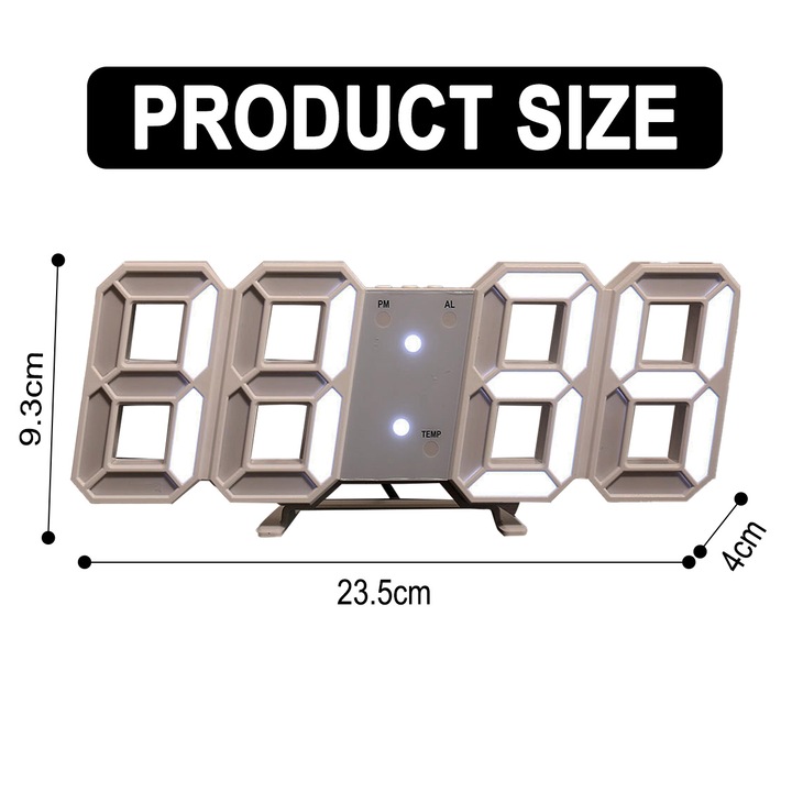 Ceas digital cu LED, alb, 235x93x18mm, functie de alarma, afisare temperatura