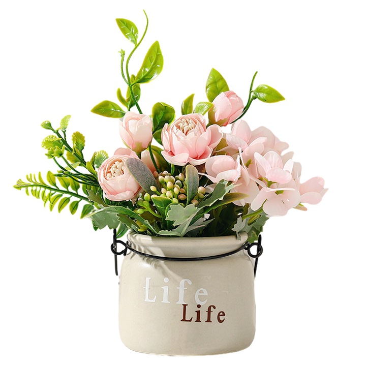 Aranjament floral artificial in ghiveci de ceramica, matase si plastic, 18x22cm, multicolor