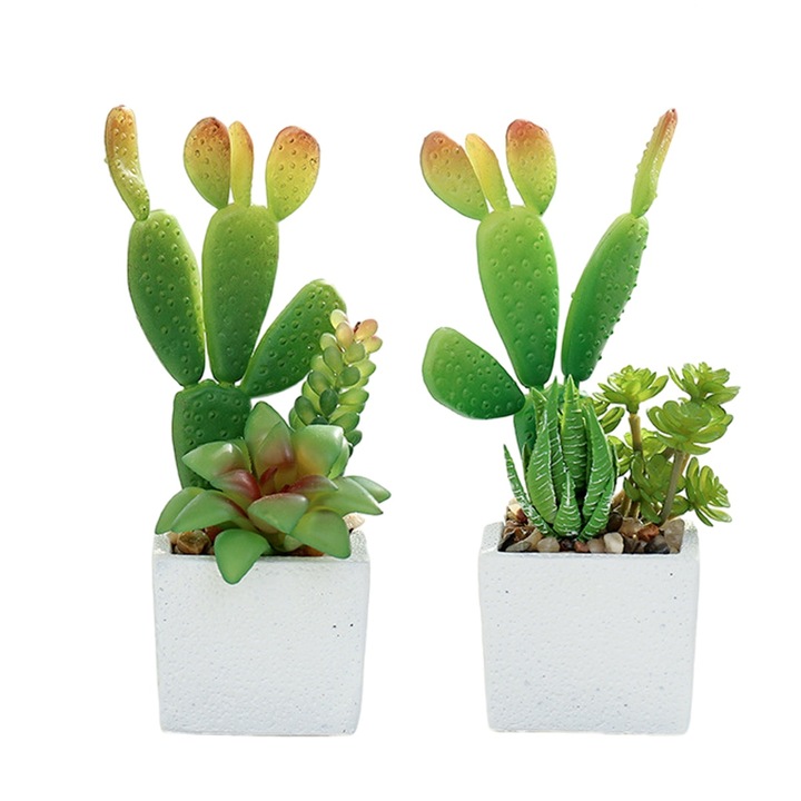 Set 2 plante suculente artificiale QttvbTna, PVC cu suport din ciment, 6x6x16.5cm