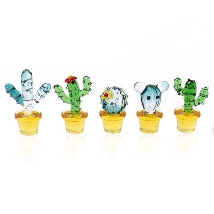 5 buc figurine suflate manual de cactus din sticla, cactus in miniatura din sticla, plante de desert, obiecte de colectie, ornament de decorare a mesei de acasa