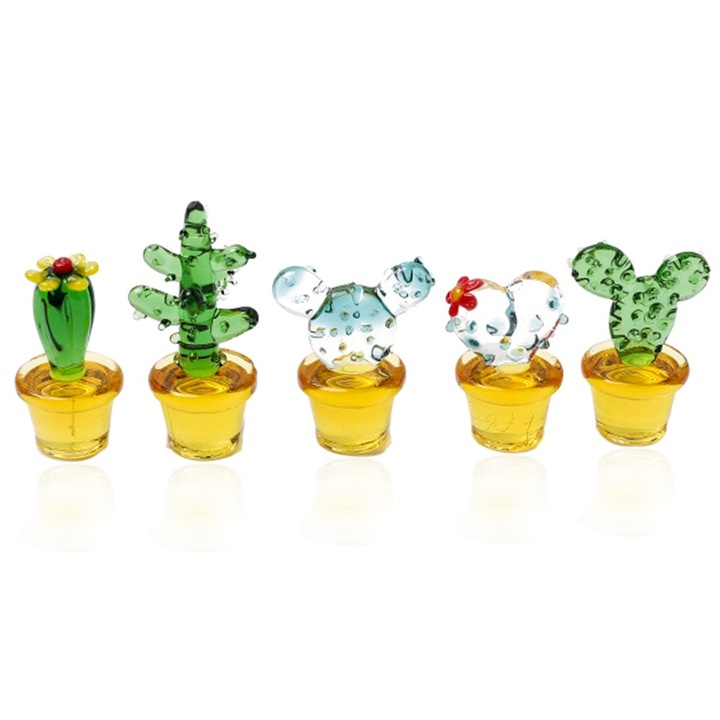 5 buc figurine suflate manual de cactus din sticla, cactus in miniatura din sticla, plante de desert, obiecte de colectie, ornament de decorare a mesei de acasa