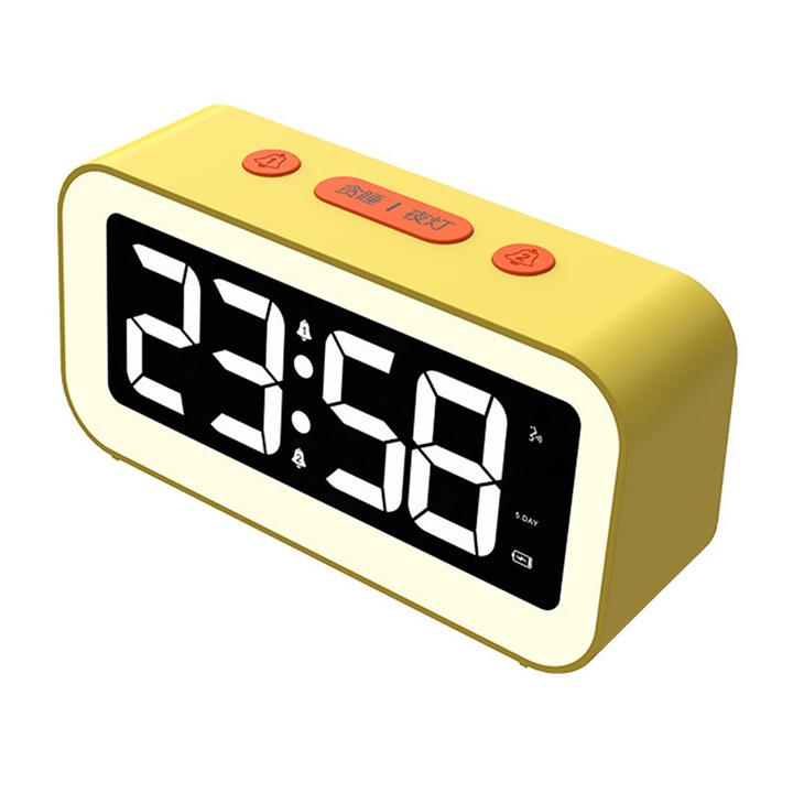 Цифров будилник QttvbTna, нощна светлина, регулируем, функция дрямка, порт за зареждане, жълт