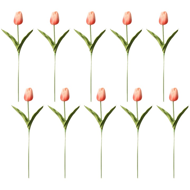 Комплект 10 изкуствени цветя QttvbTna, 34 см, Зелено/Розово