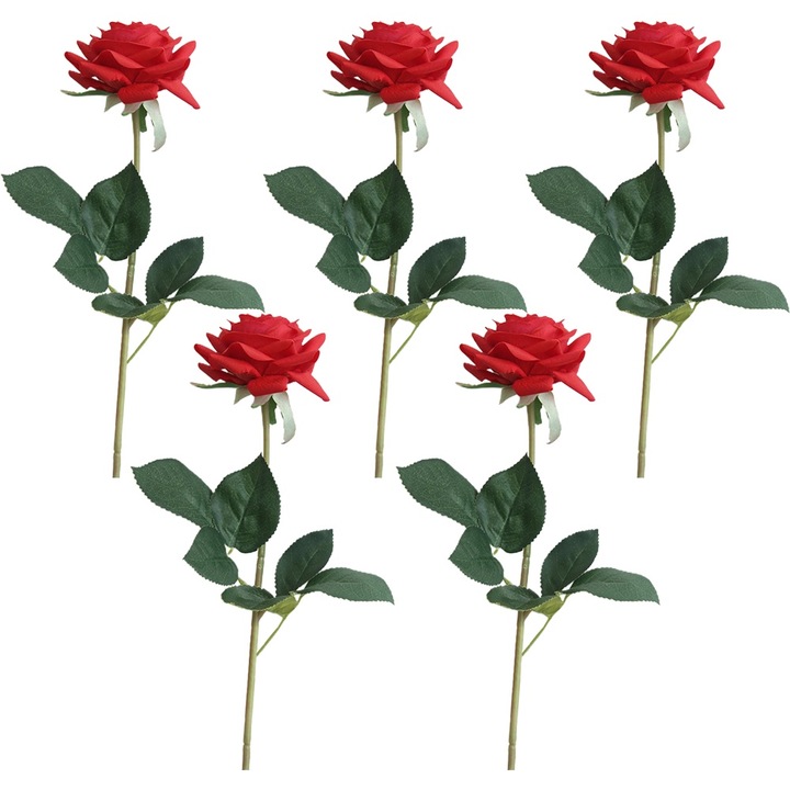 Buchet 5pcs trandafiri artificiali cu tulpini lungi, rosii, 9cm x 42.5cm, pentru aranjamente, decorare nunta si acasa