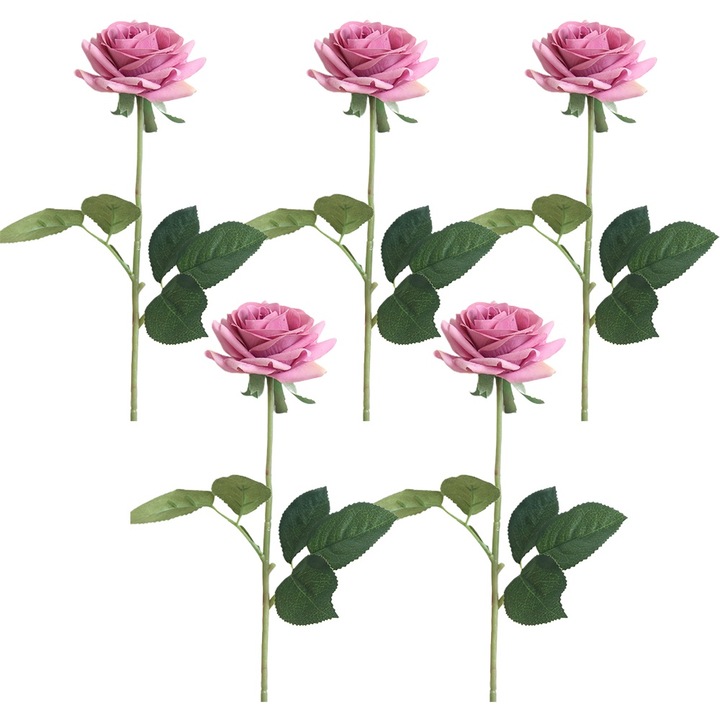 Buchet 5pcs trandafiri artificiali cu tulpini lungi, mov, 9cm x 42.5cm, pentru aranjamente, nunti si decor acasa