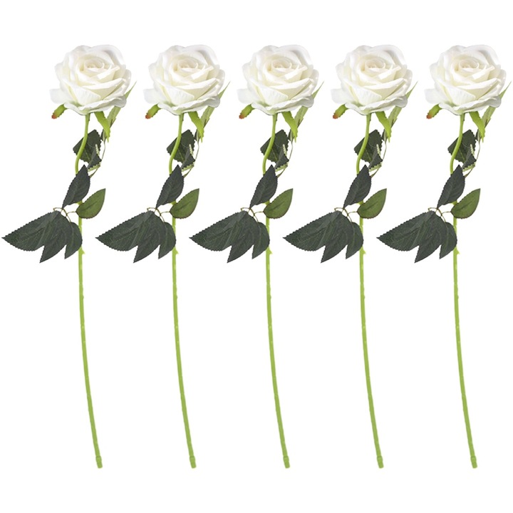 Buchet 5pcs trandafiri artificiali din flanel, lungime 51cm, alb lapte, pentru decorare nunta si acasa