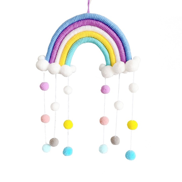 Curcubeu macrame pentru decorare camera copii, cu pompoane, multicolor