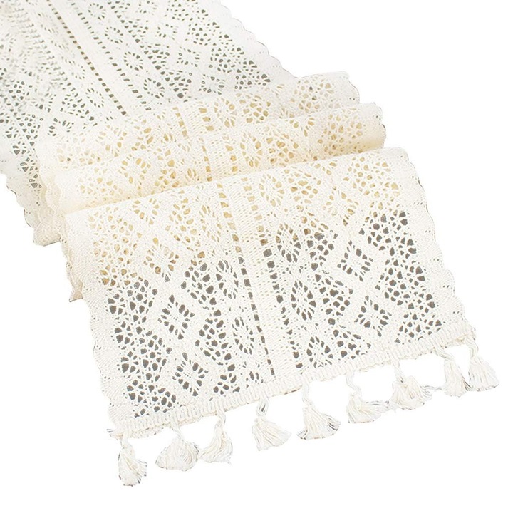 Napron de masa cu dantela, bumbac, bej, 24 x 240 cm