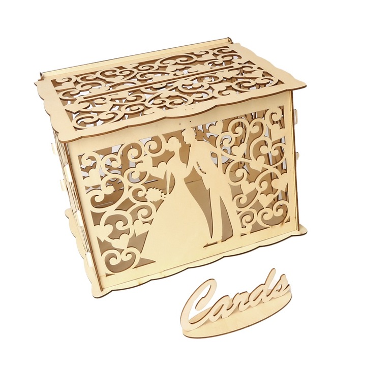 Cutie pentru plicuri nunta, lemn, design decupat, cu polita, 24 x 22.5 x 30 cm, auriu