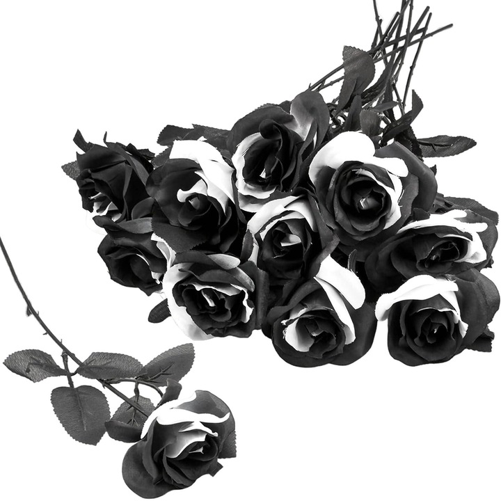 Комплект от 10 изкуствени рози, QttvbTna, 41 x 7 см, Черно / Бяло