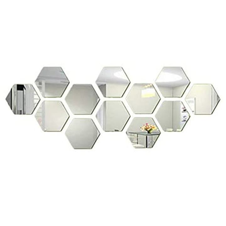 Set 12 bucati oglinzi hexagonale decorative, autoadezive, argintiu