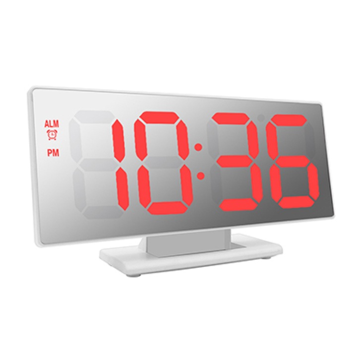 Дигитален настолен будилник огледало, с голям LED дисплей, аларма със snooze, режим 12/24ч и показване на температура °C/°F, USB захранване, бял/червен, 1 бр.