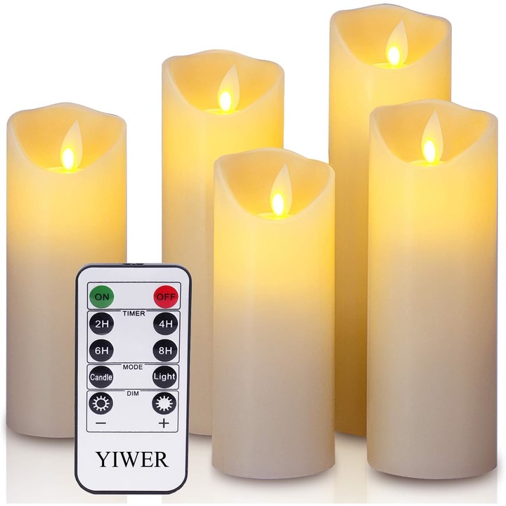 Комплект от 5 декоративни свещи, LED с пламъчен ефект, дистанционно управление, таймер, 14 x 18 / 15 x 20 / 17 x 22 cm, жълти