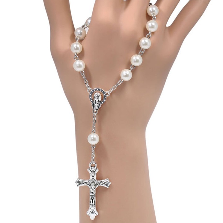 Rugaciune cu rozariu de 10 boabe, crucifix din metal inoxidabil, medalion San Benito, perle imitatie
