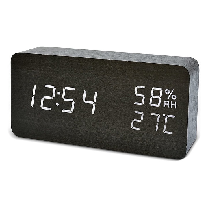 Ceas decorativ digital din lemn, afisaj LED, alarma, calendar, 15x4.5x7cm, negru cu alb