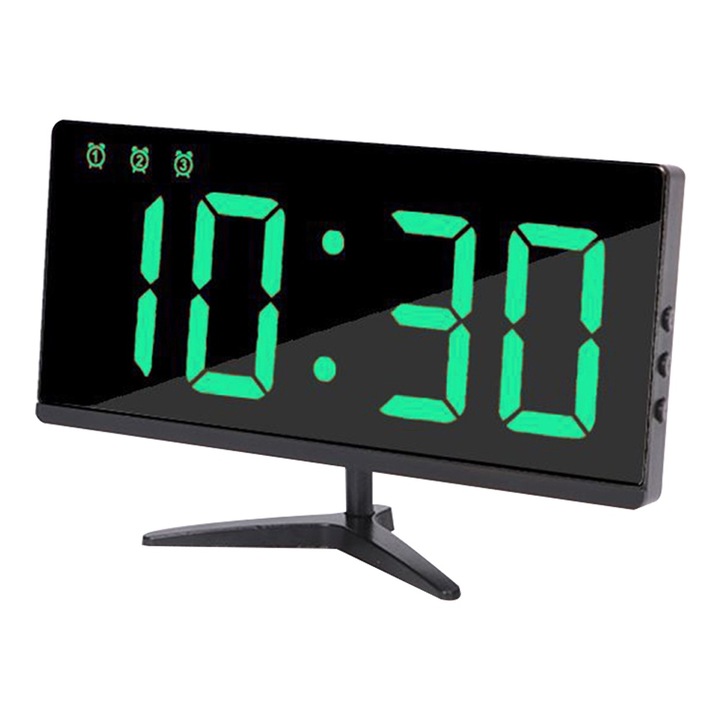 Ceas decorativ multifunctional, negru, cu afisaj LED, calendar, termometru, 16.2x7.5x0.7cm
