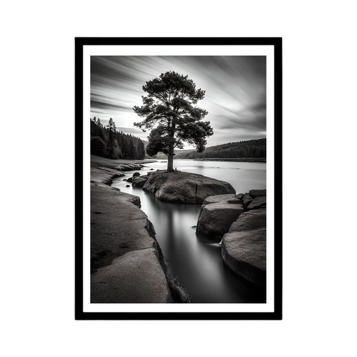 Tablou decorativ rock big tree black and white, A4, Negru, 30x20cm, decoratiuni moderne pentru casa
