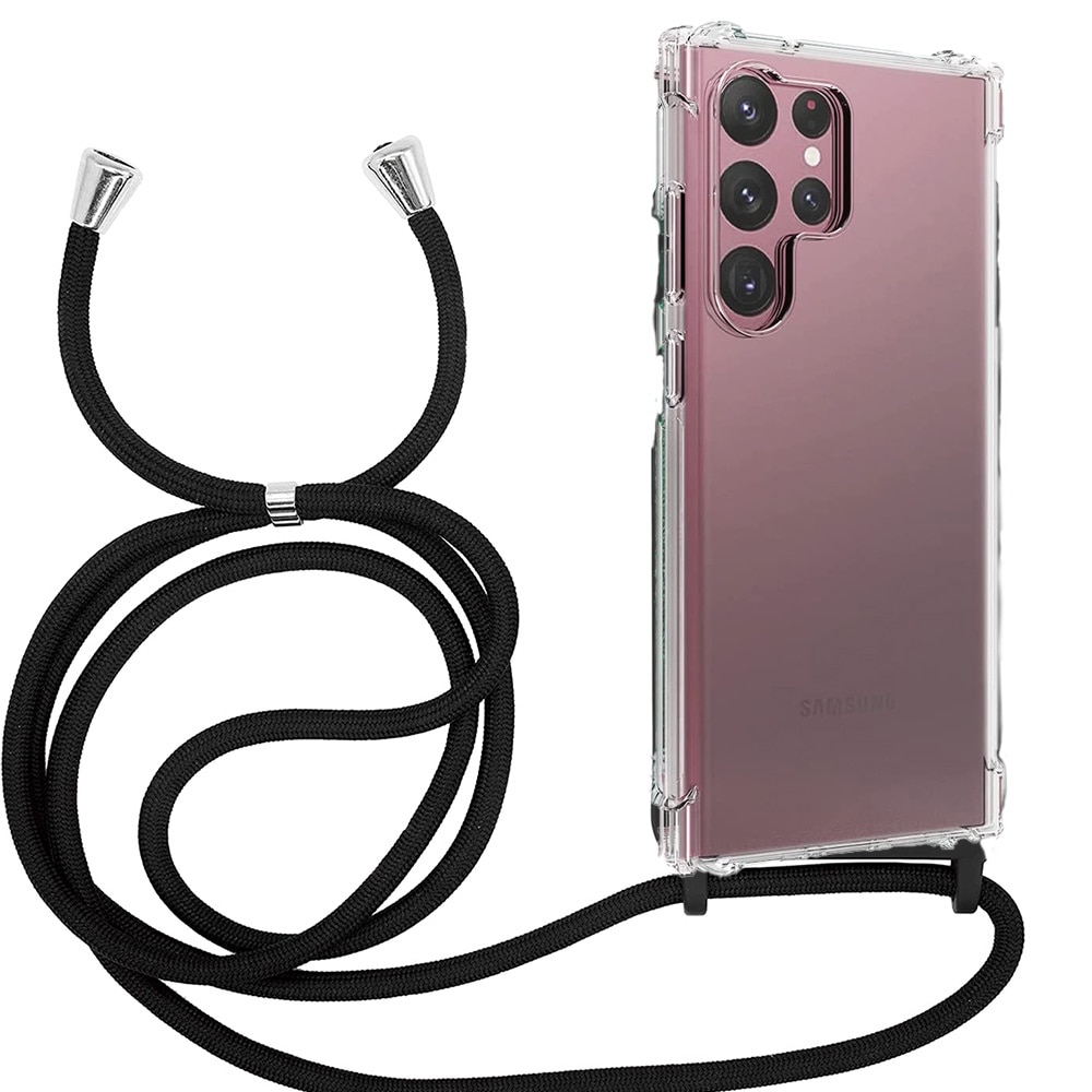 Husa G-Tech Strap, Compatibil cu Samsung Galaxy S24 Ultra, Snur prindere la gat reglabil, Antishock, TPU, Transparenta/ Negru