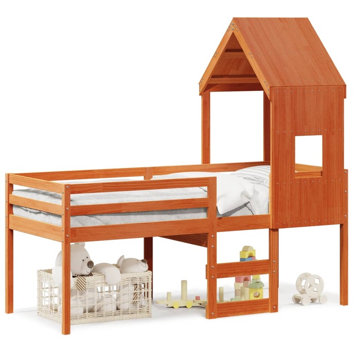 Pat inalt cu acoperis vidaXL, maro ceruit, 80x200 cm, lemn masiv pin, 33.1 kg 3282012