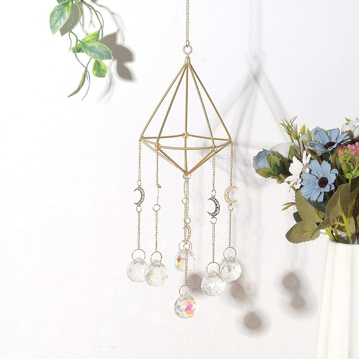 Kristályprizma fényfogáshoz, ablakdíszítés, többszínű, szett lánccal és szalaggal a függesztéshez