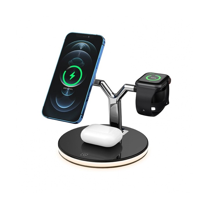 Mágneses vezeték nélküli 970 töltő okostelefonokhoz, fejhallgatókhoz és okosórákhoz, Gyors töltés akár 15 W-ig, 3 az 1-ben, C típusú, fekete